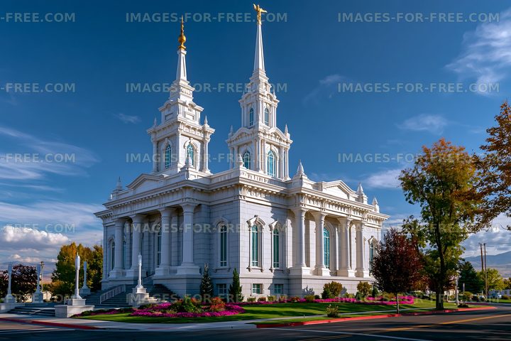 White church building with tall spires and landscaped surroundings
