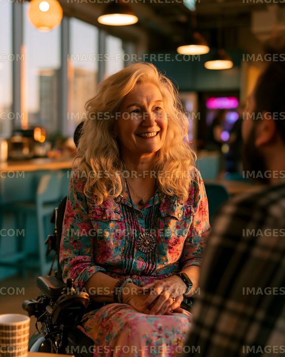 Woman in wheelchair smiling during conversation in cafe