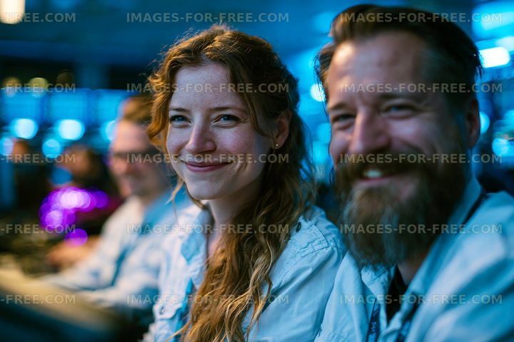 Smiling people enjoying a gathering in a dimly lit room