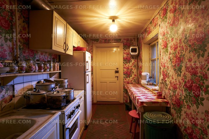 Simple kitchen with floral wallpaper and cooking equipment in view