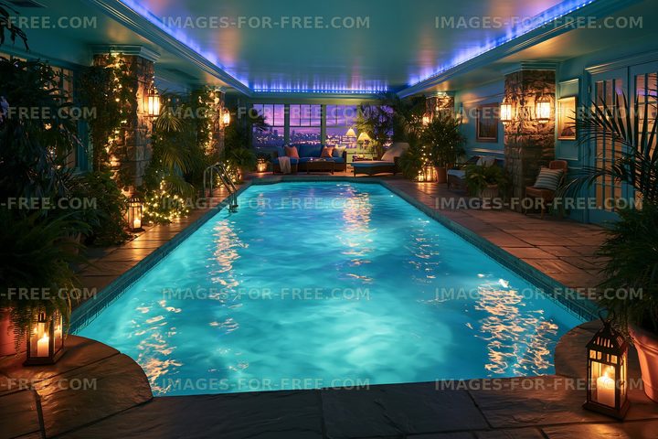Indoor pool with blue lights and plants in a cozy setting