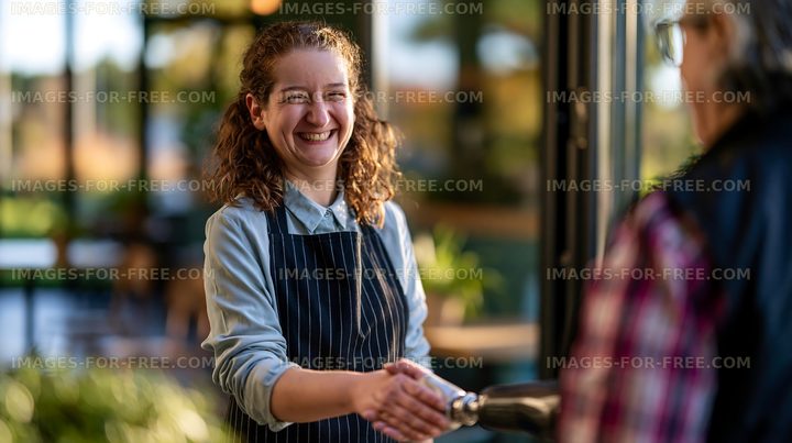 Employee welcomes customer at the entrance of a cafe