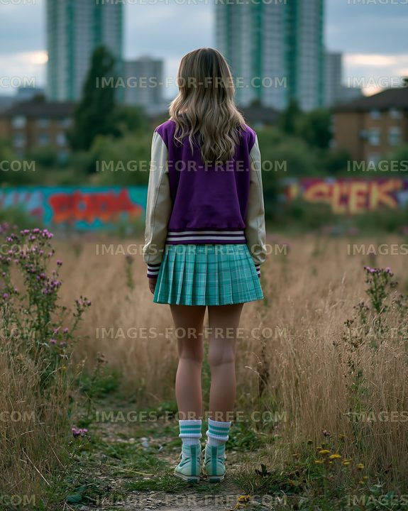 Girl standing in a field wearing a school uniform with city backdrop