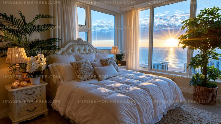 Cozy bedroom with ocean view at sunset