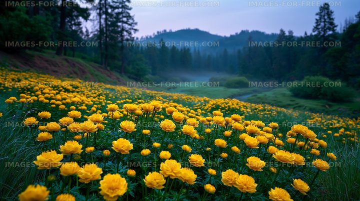 Field of yellow flowers under a hazy sky at sunrise