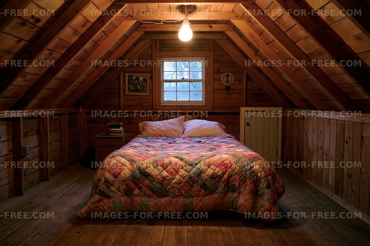 Cozy bedroom in an attic with wooden walls and simple decor