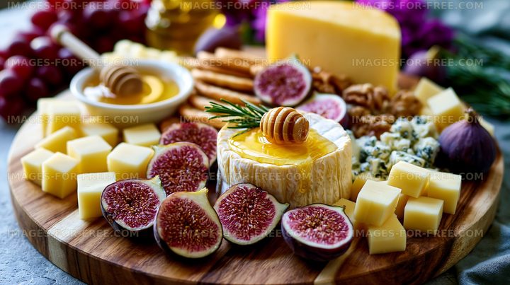 Cheese and fruit platter with honey and nuts for a gathering