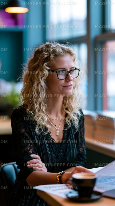 Woman sitting in a cafe with coffee and reading a book
