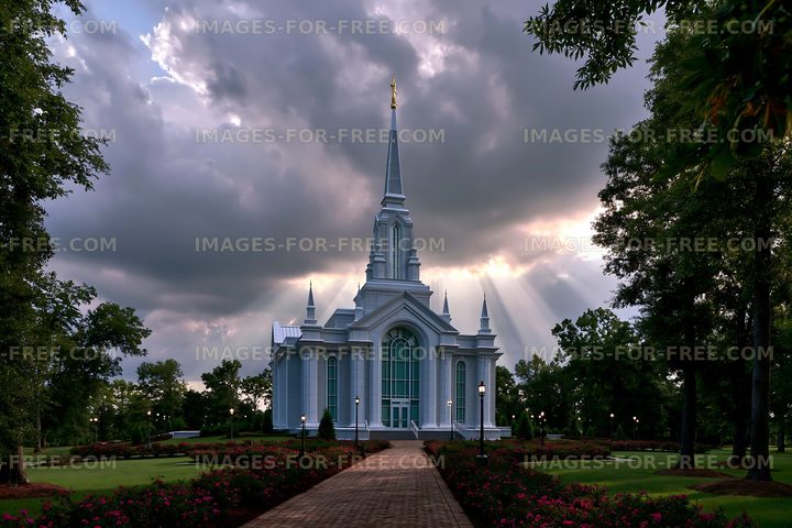 Church building with a spire under cloudy sky in a park