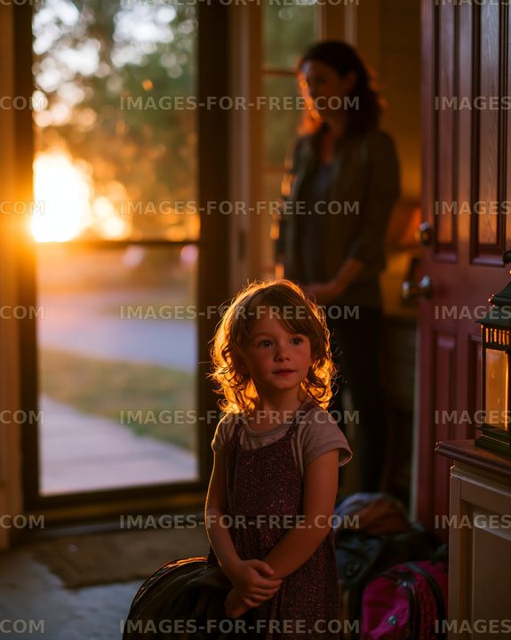 Evening light shines through a doorway with a girl and an adult