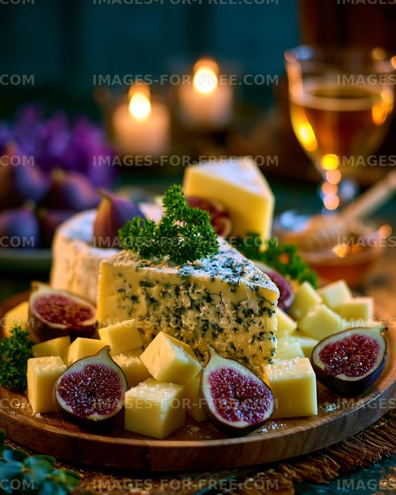 Cheese platter with figs and wine on a table with candles