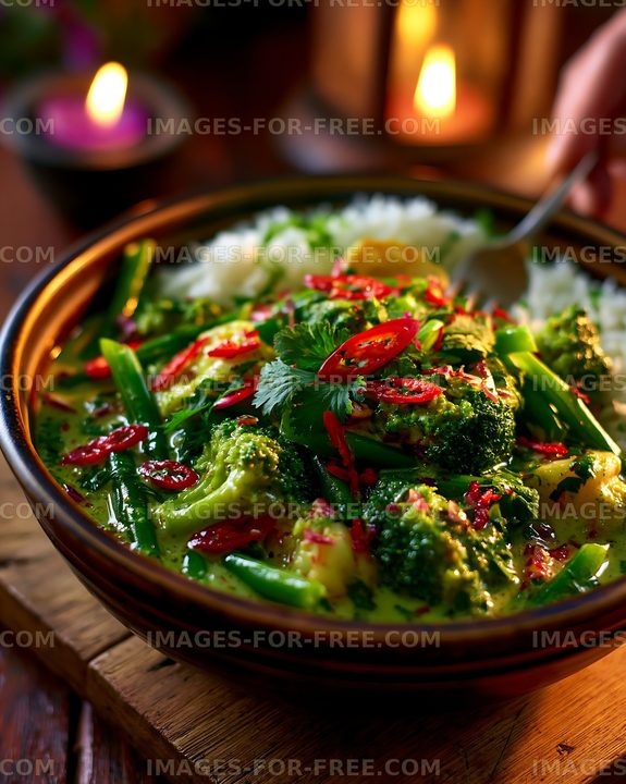 Delicious green vegetable curry served with rice in a warm setting