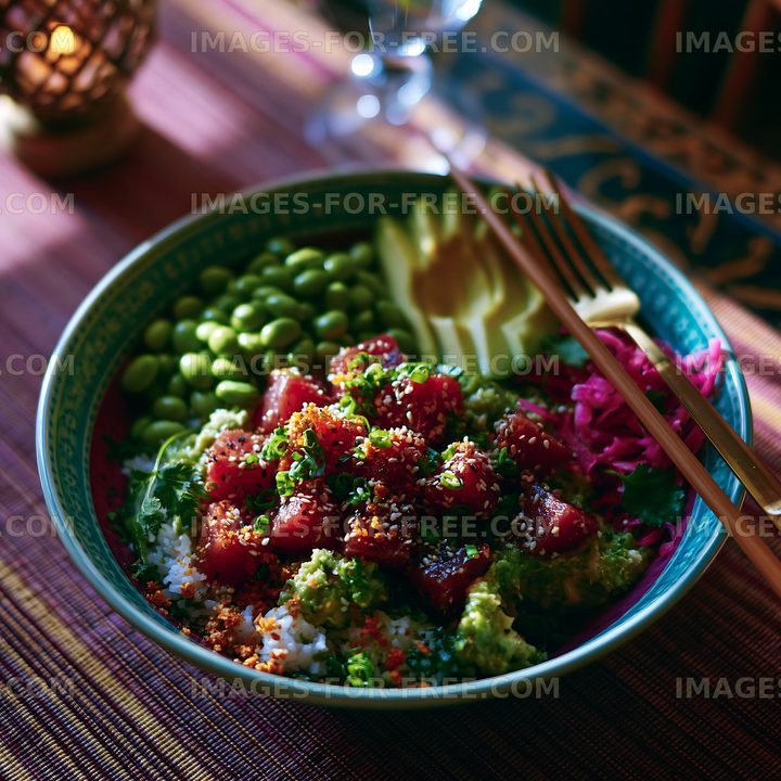 Fresh poke bowl with seasonal vegetables and rice