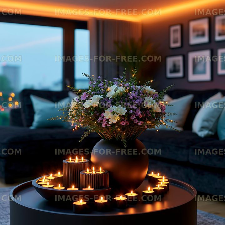 Decorative candles and flowers in a cozy living room setting