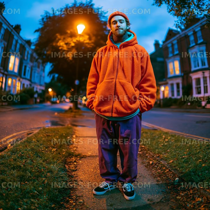Young man in orange sweater standing on street at dusk