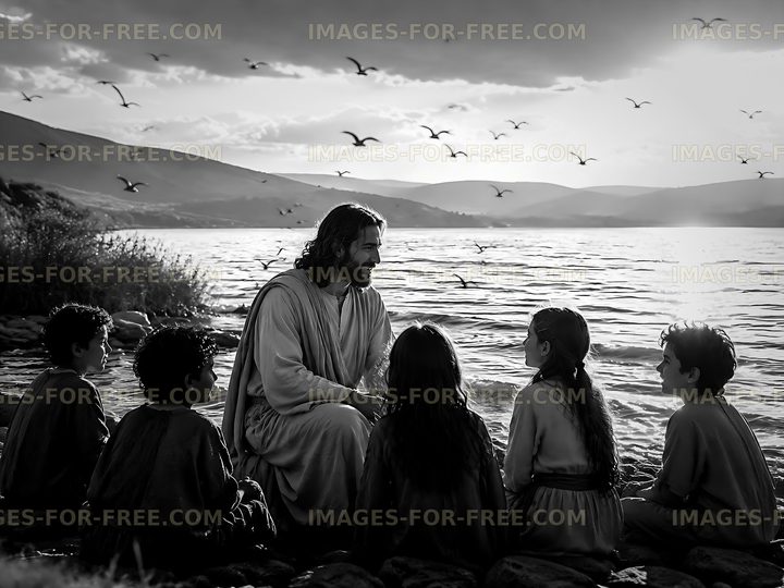 Jesus teaching children by the lake