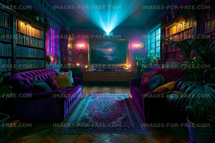 Cozy living room with a projector and bookshelves in evening light