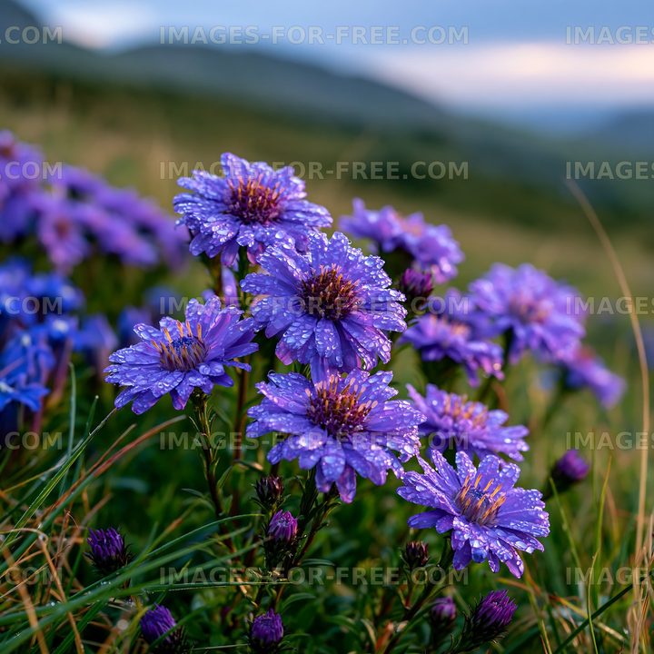 Purple flowers with dew in a field during daylight hours