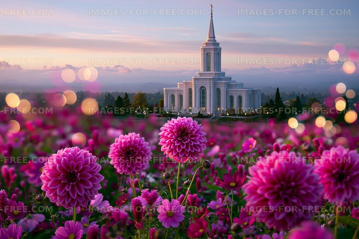 Flowers in front of a temple during sunrise with a colorful sky