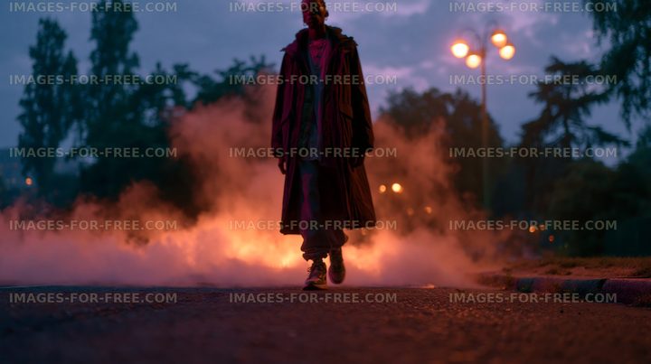 Man walks through smoke at night in urban area