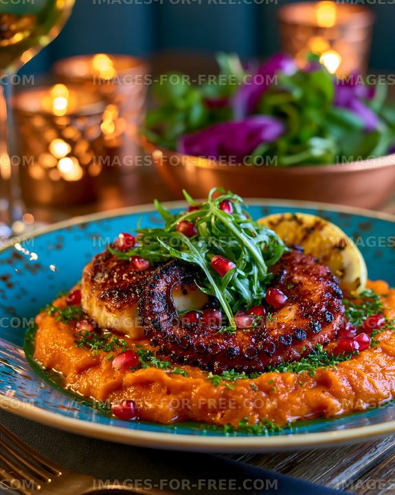 Grilled octopus served on sweet potato puree with salad and garnishes