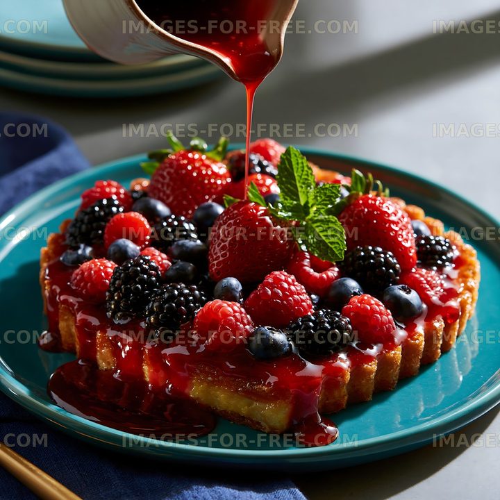 Fresh berry tart with sauce being poured on top