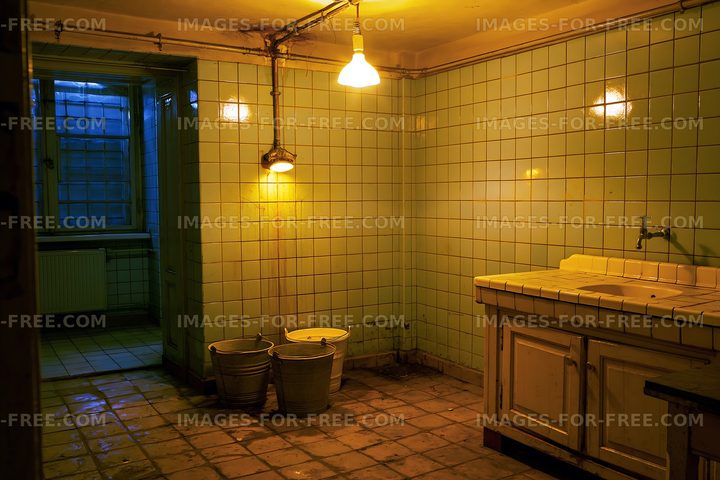 Old bathroom with blue lighting and tiled walls