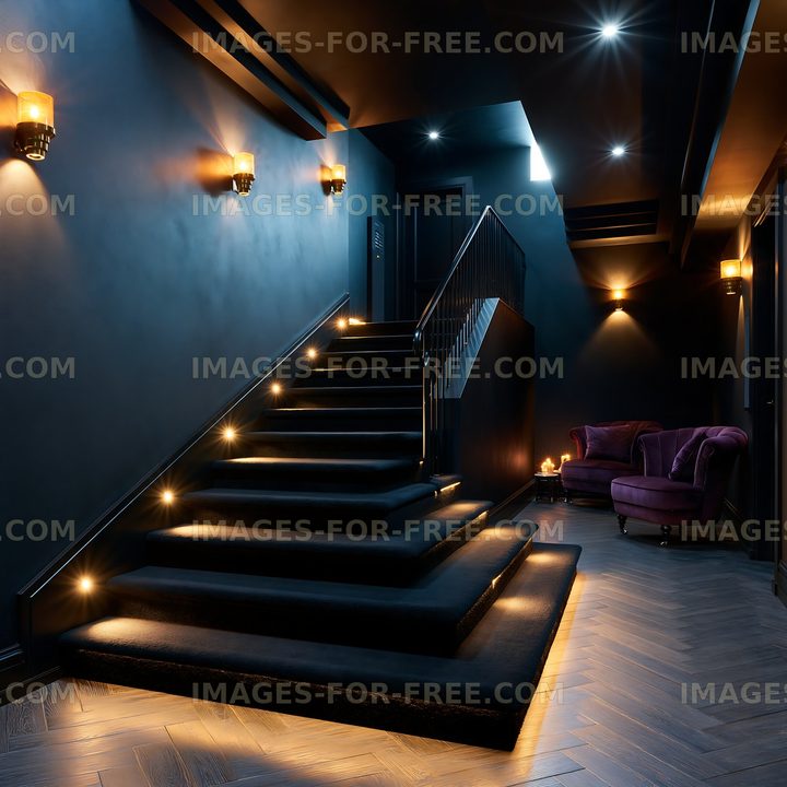 Modern staircase with lighting in dark hallway