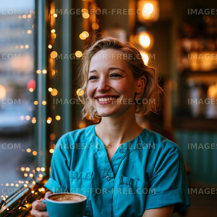Woman enjoying coffee in café with warm lights during evening