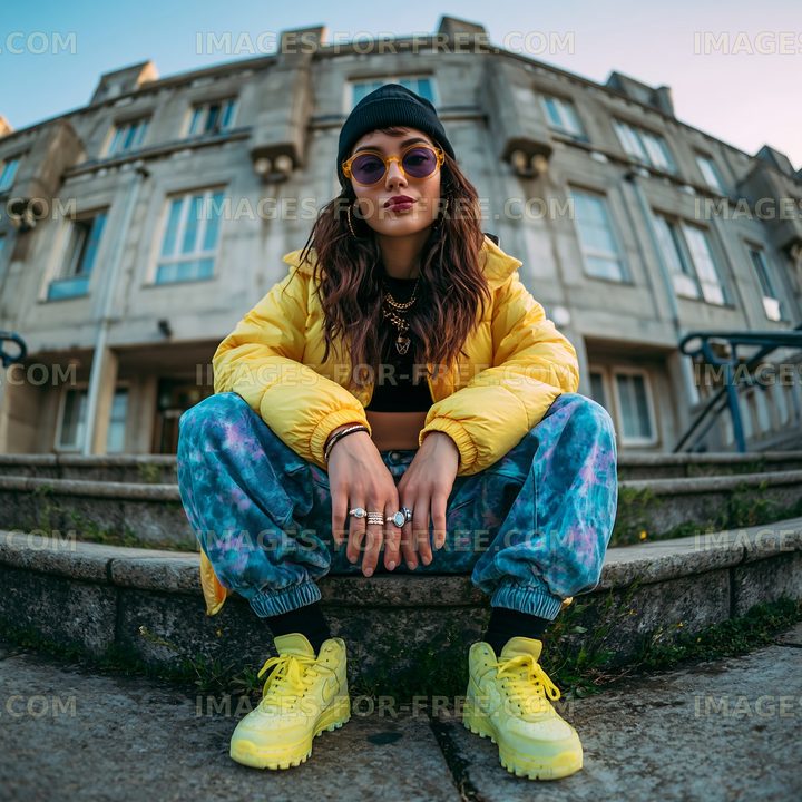 Young woman sitting on steps wearing stylish outfit