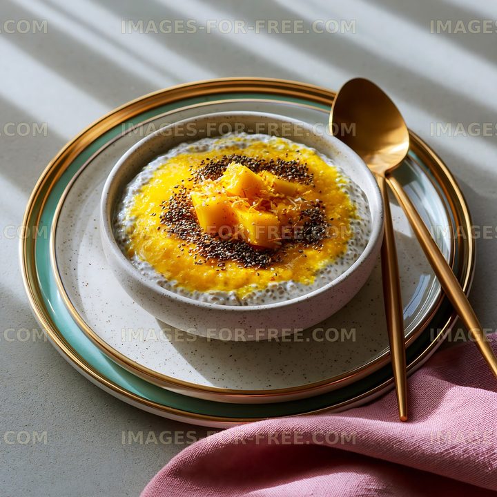 Chia pudding with mango and poppy seeds on a table