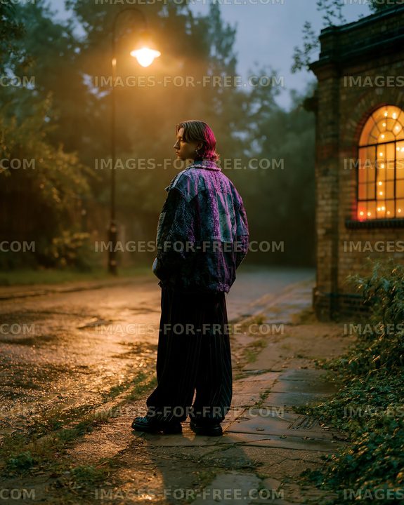 Person standing on a wet street near a building at night