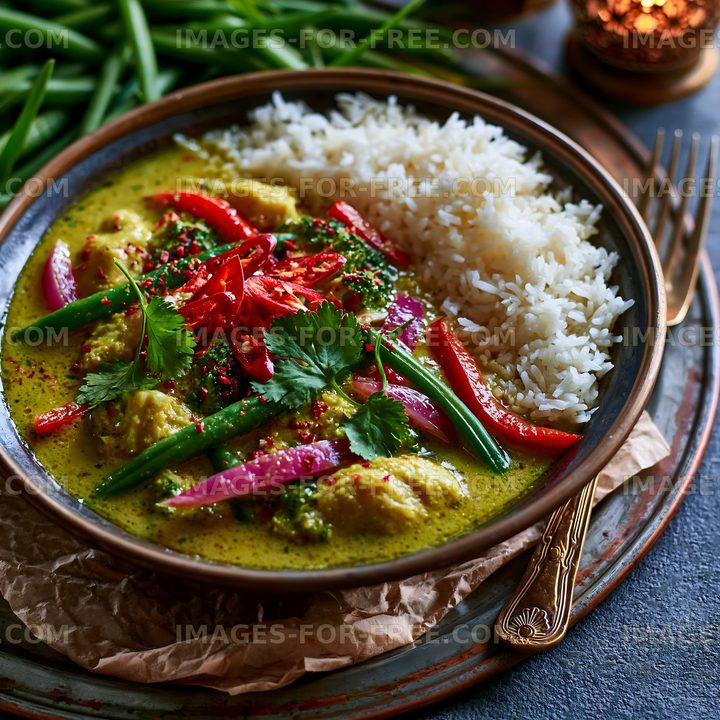 Chicken curry served with rice and fresh vegetables