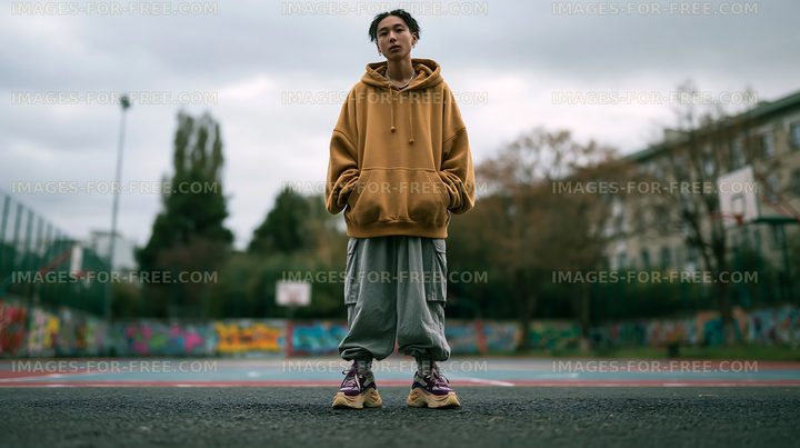 Young person standing on outdoor basketball court