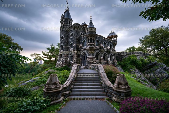 Historic stone castle surrounded by trees and water
