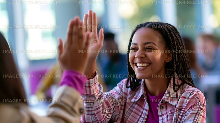 Two people sharing a high five in a modern indoor setting