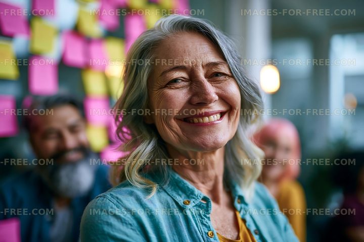 Smiling older woman stands in front of colorful sticky notes