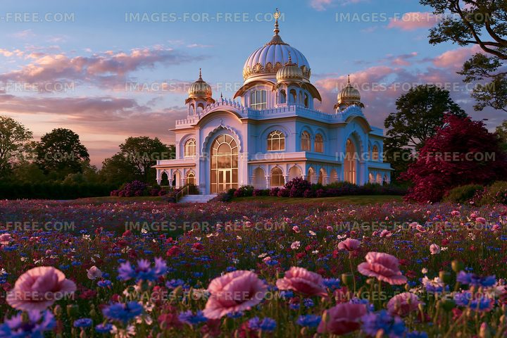 Flower garden near blue palace at sunset