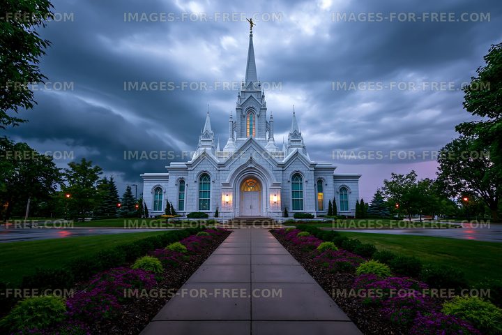 Cloudy sky over a large white church with a tall steeple
