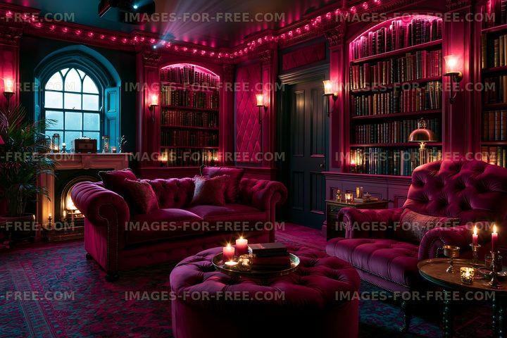 Cozy interior space with red decor and bookshelves