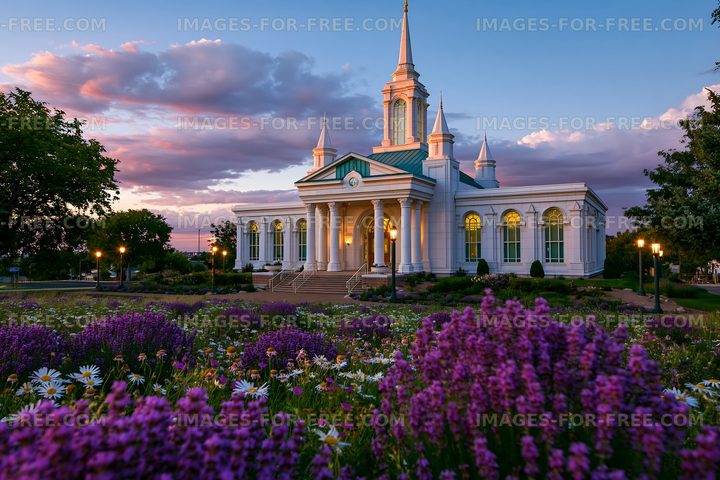Church surrounded by flowers at sunset
