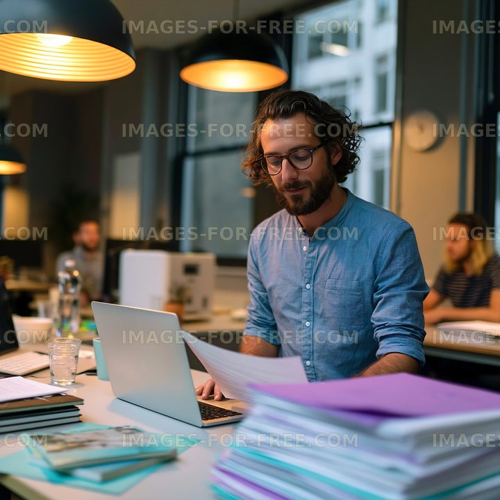 Man working in a modern office with paperwork and a laptop