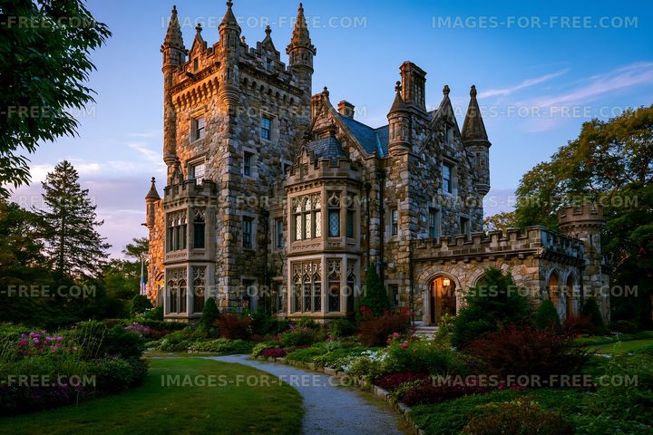 Castle with stone walls and towers surrounded by gardens