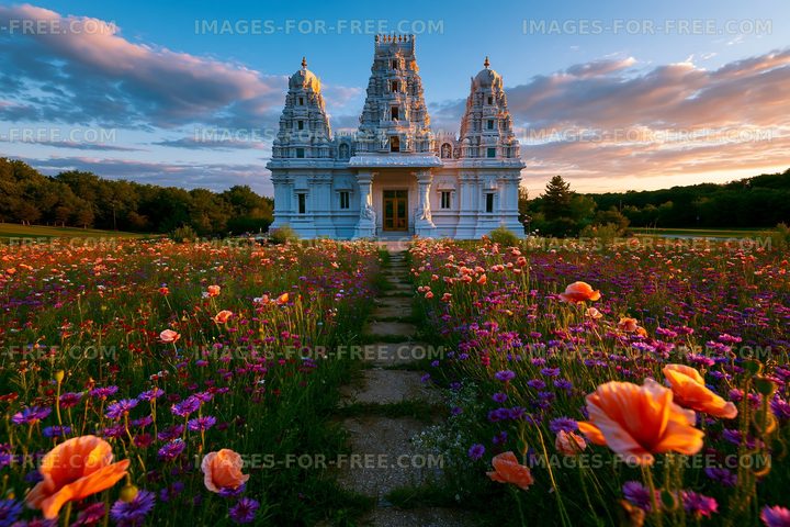 Beautiful temple surrounded by colorful flowers at sunset