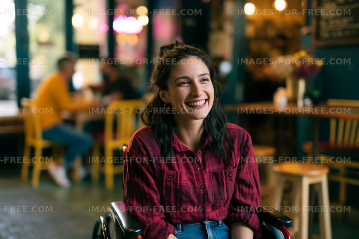 Smiling woman in a wheelchair at a cafe