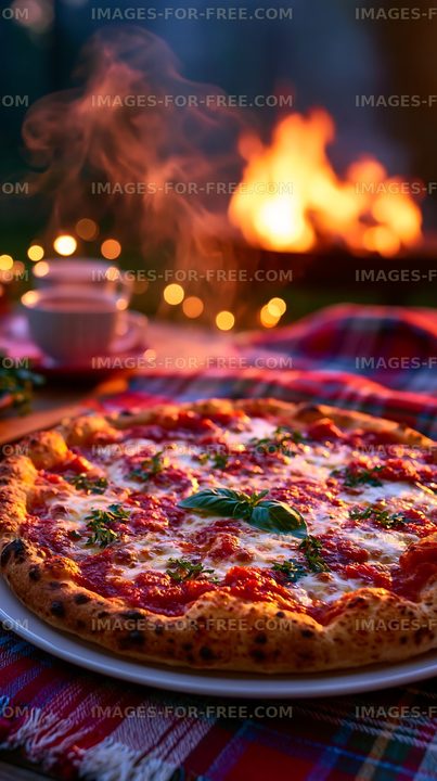 Freshly baked pizza placed outdoors near a fire with lights