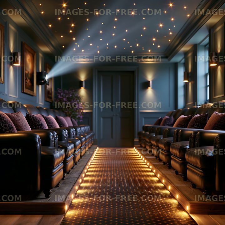 Luxurious home theater with cozy seating and starry ceiling