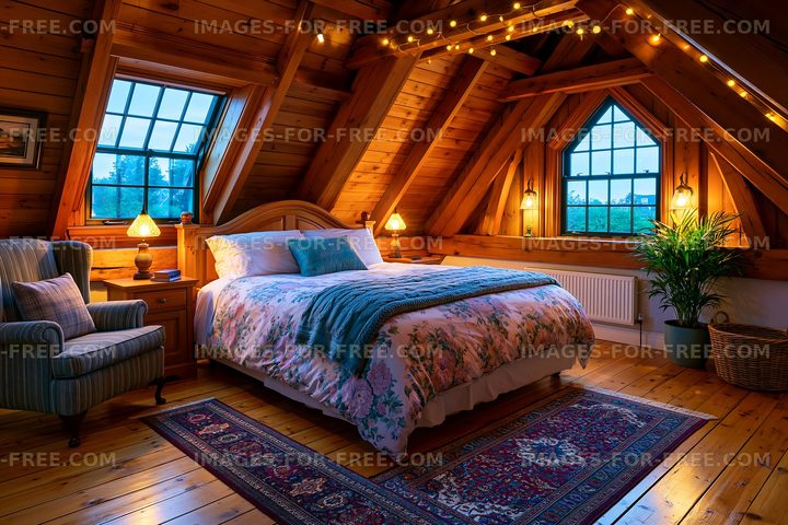 Cozy bedroom with wooden beams and warm lighting in an attic