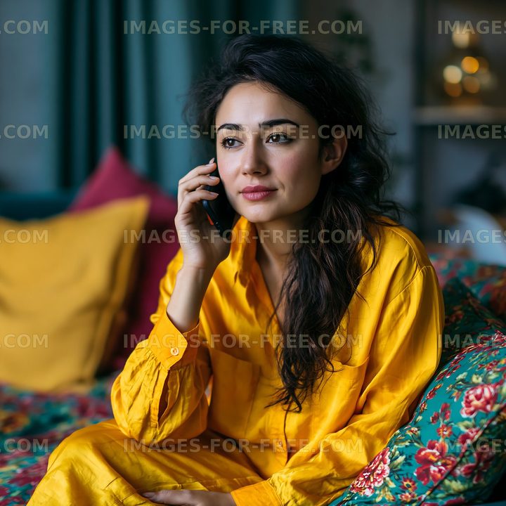 Woman talking on the phone while sitting on a colorful sofa