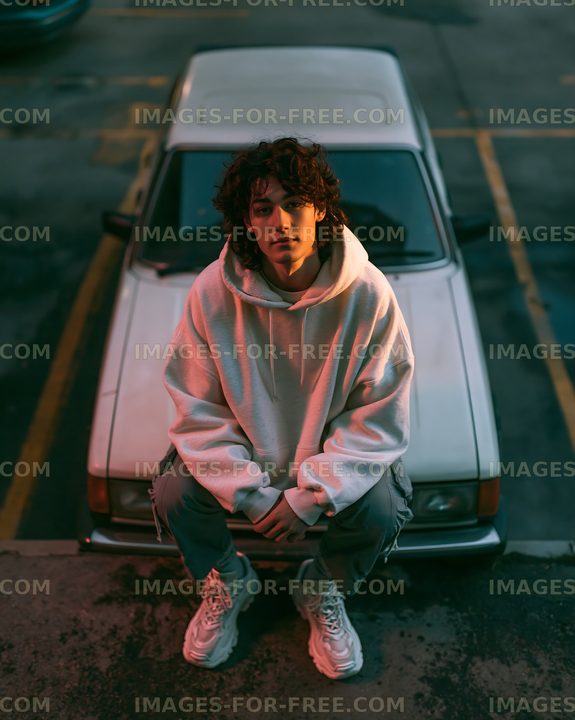 Young man sitting on the hood of a car in an urban setting